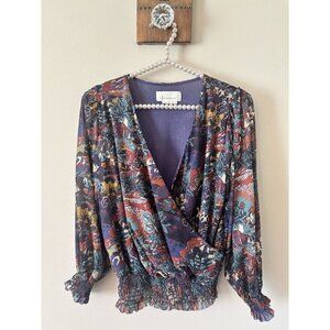 Anthropologie Womens Size Small Blue Floral Blouse V-Neck Long Sleeve